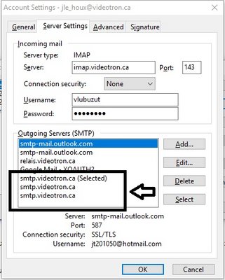 Account setting, specifically the SMTP tab.