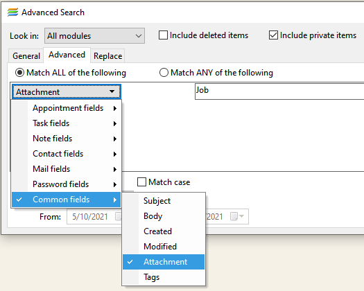 Extended search criteria for attachments in the Advanced tab