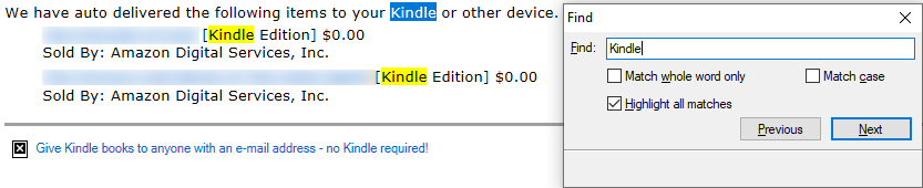 The Find dialog box in the Mail module, with an example where hits are highlighted