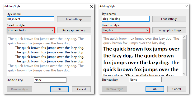 The dialog for creating styles. A new style defaults to the format of text where the cursor is located