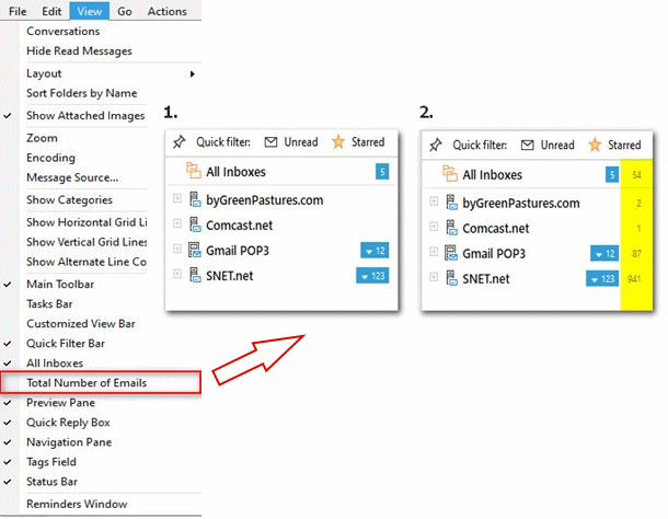 A new View menu option toggles displaying the total number of messages in mail folders.