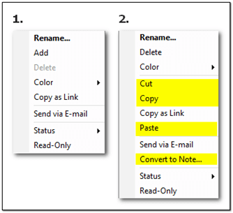 Expanded context menu options for copying a leaf or converting it to a Note