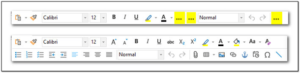 In single line mode (top), EPIM condenses sections of the formatting toolbar (highlighted) to signal more options are available