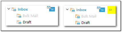 By default, EPIM displays the number of unread messages in a folder (left). To include the number of total messages, use View > Total Number of Emails (right)