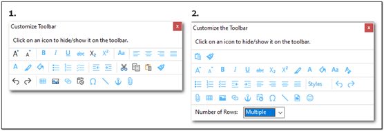The new formatting toolbar (#2) reorders items, adds styles and emojis, and allows displaying icons in multiple rows. The sequence of icons is fixed; you cannot reorder them