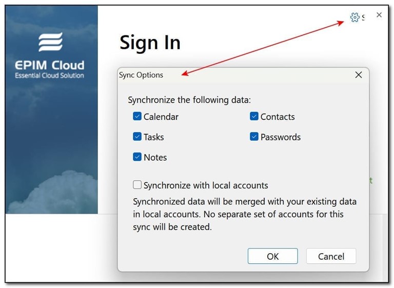 Beim Anmelden bei EPIM Cloud, besteht jetzt die Option, die Module auszuwählen, die synchronisiert werden sollen