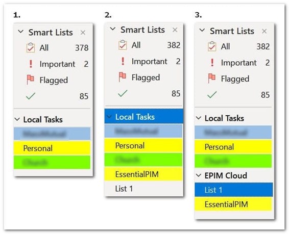 #1 zeigt meine lokalen Aufgaben, vor der Synchronisierung mit EPIM Cloud und #2 und #3 zeigen die Situation danach. Dabei zeigt #2 das Ergebnis bei Synchronisierung mit lokalen Konten (entspr. Option ausgewählt). Ansonsten (=#3) legt EPIM ein extra EPIM-Cloud Konto an, in dem es synchronisierte Aufgaben ablegt