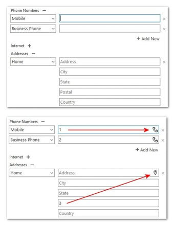 When you create a contact, the fields are blank (top). Icons for the phone and location appear once you begin to fill out these fields (bottom). Filling in just one address field activates the icon