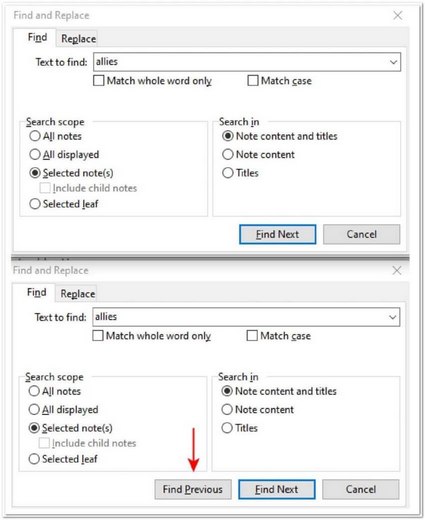 The Find dialog in prior versions (top) compared to v11.6.5, where the Previous button introduces one-click reverse searching