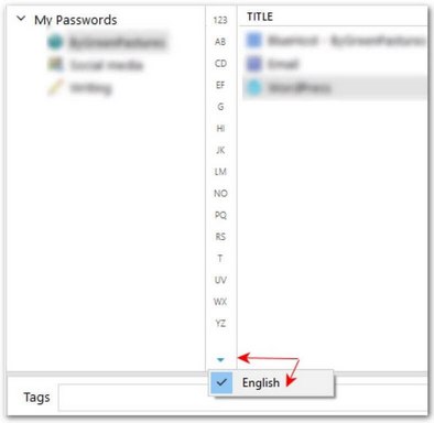 The Letter Bar moves in v11.6.5 to the left, adjacent to the pane for groups in Contacts and Passwords. Click on the down arrow at the bar's bottom to change the language for the alphabet