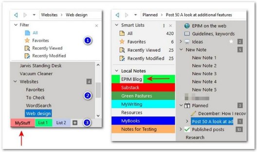 The arrows point to the active lists in previous versions (left) and in v11.6.5 (right). This graphic also shows how tools to navigate Notes have evolved in recent releases