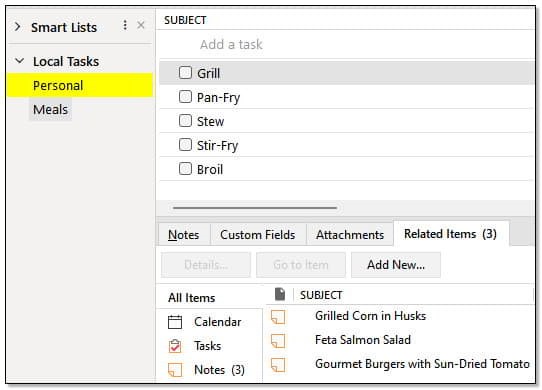 Creating tasks for how food is prepared allows grouping recipes