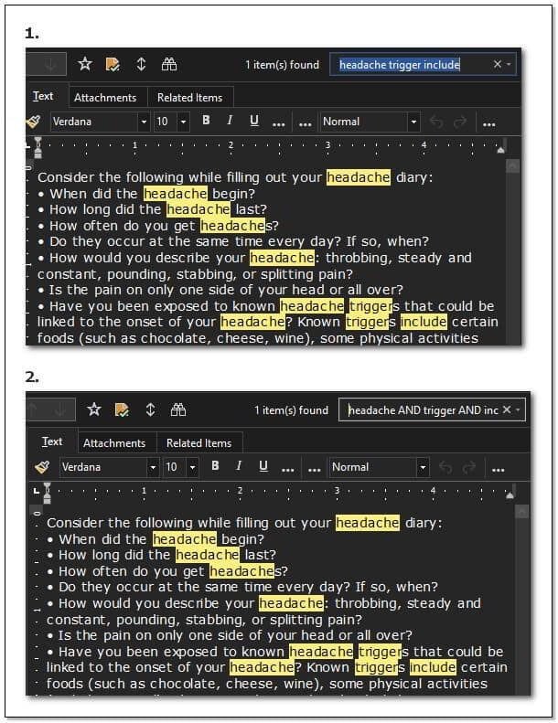 The results of Quick Search, with and without the boolean operator AND