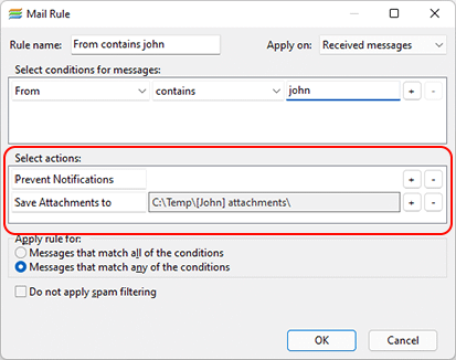 New actions for mail rules. Save email attachments to selected folders and prevent notifications for certain emails.